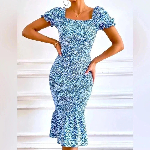 Floral Bodycon Dress, Puff Sleeve, Square Neck, Ruffle Hem Mermaid - Small - Picture 1 of 6
